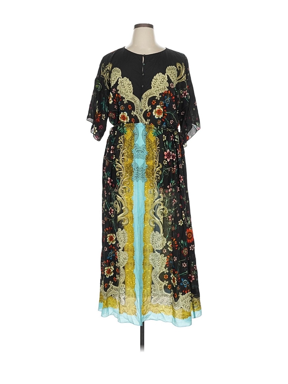 Johnny Was Black Maxi Dress with Turquoise & Gold Center Panel